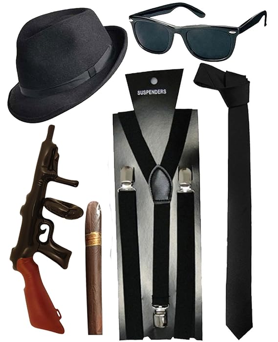 Blues Brother Hut Brille Schwarze Krawatte Hosenträger Zigarren Tommy gun Gangster Verkleidungsset