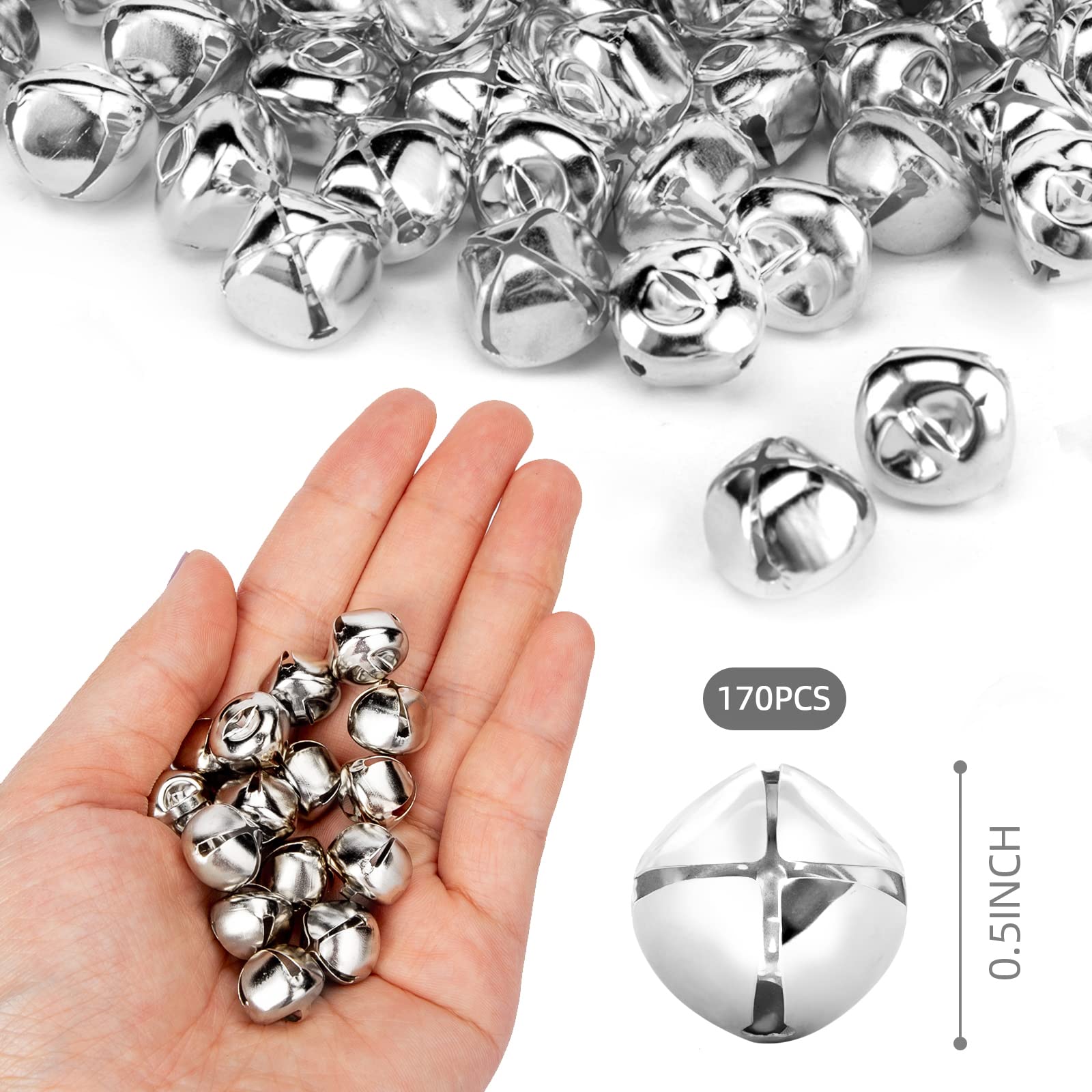 MCPINKY 170PCS Jingle Bells, Mini Bells for Crafting, for Gift Decorations, DIY Gift Bags, 0.5 Inch, Silver