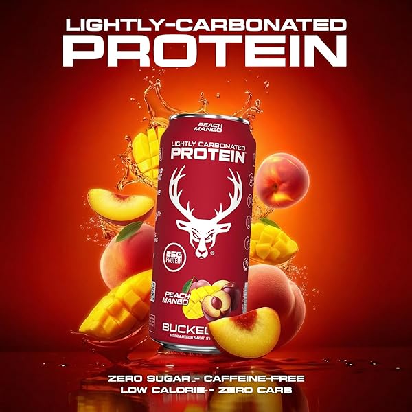 BUCKED UP LIGHTLY CARBONATED PROTEIN SODA | 25G WHEY ISOLATE – ZERO SUGAR, LOW CALORIE, CAFFEINE FREE, CLEAN DRINK | SPARKLING PROTEIN SODA – 12 PACK, 16 OZ CANS (PEACH MANGO)