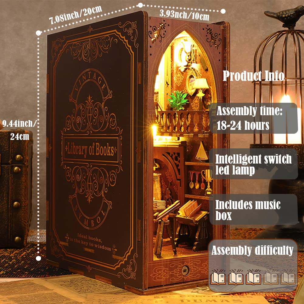 Lannso DIY Book Nook Kit, DIY Dollhouse Booknook, Library Booknook 3D Wooden Puzzle Bookends, Book Nook Miniature Kits with LED Light for Adults(SL6-A)