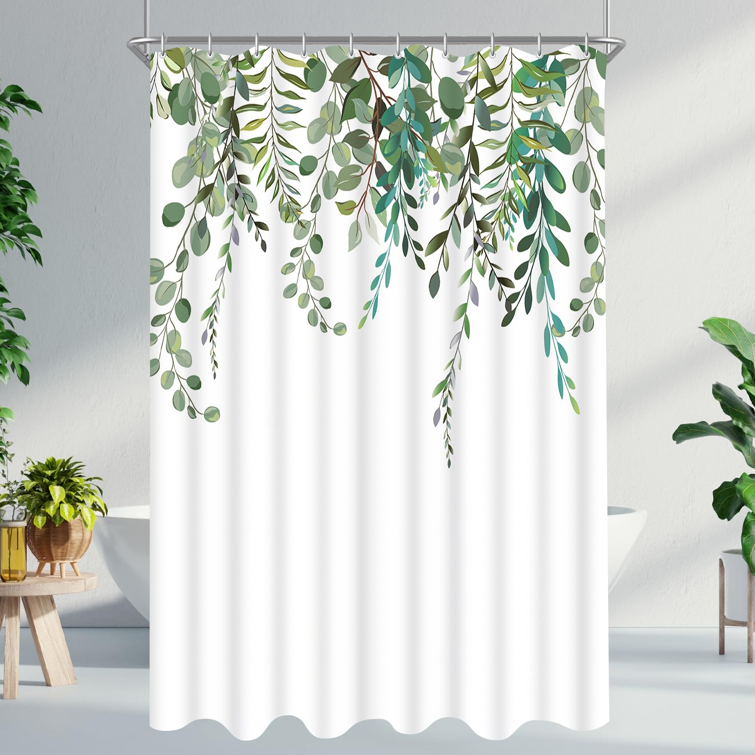 Lerores Shower Curtain, 120 x 200 cm, Green Leaves, Weighted Hem, Anti-Mould Textile, Water-Repellent, Washable Polyester Bath Curtains with 8 Eyelets and Shower Curtain Rings for Bathroom — image 1