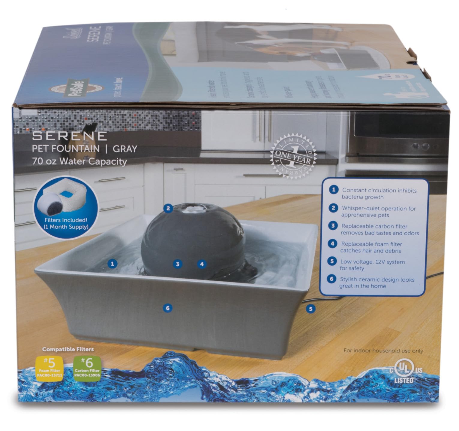 PetSafe Drinkwell Ceramic Pet Water Fountain - Quiet Automatic 70oz Dispenser for Cats & Dogs with Filters - Dishwasher Safe Square Design