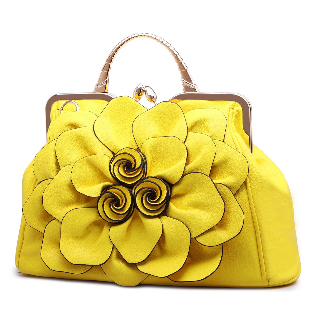 Ruiatoo Fashion Handbag for Women Flower PU Leather Bag Party Evening Clutch Yellow Purse Satchel Tote