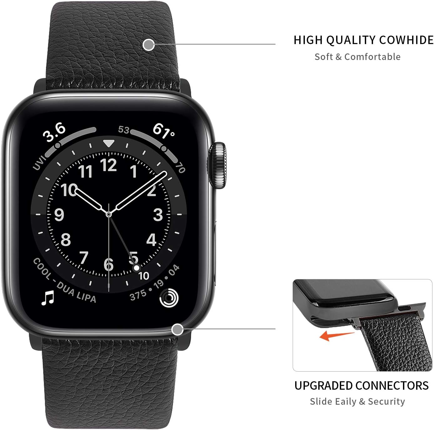 Fullmosa Leather Strap Compatible with Apple Watch Strap 38mm 40mm 41mm 42mm,Leather Replacement Band for iWatch Series 11 10 9 8 7 SE3 SE2 SE 6 5 4 3 2 1,Black+Smoky grey hardware - Image 3