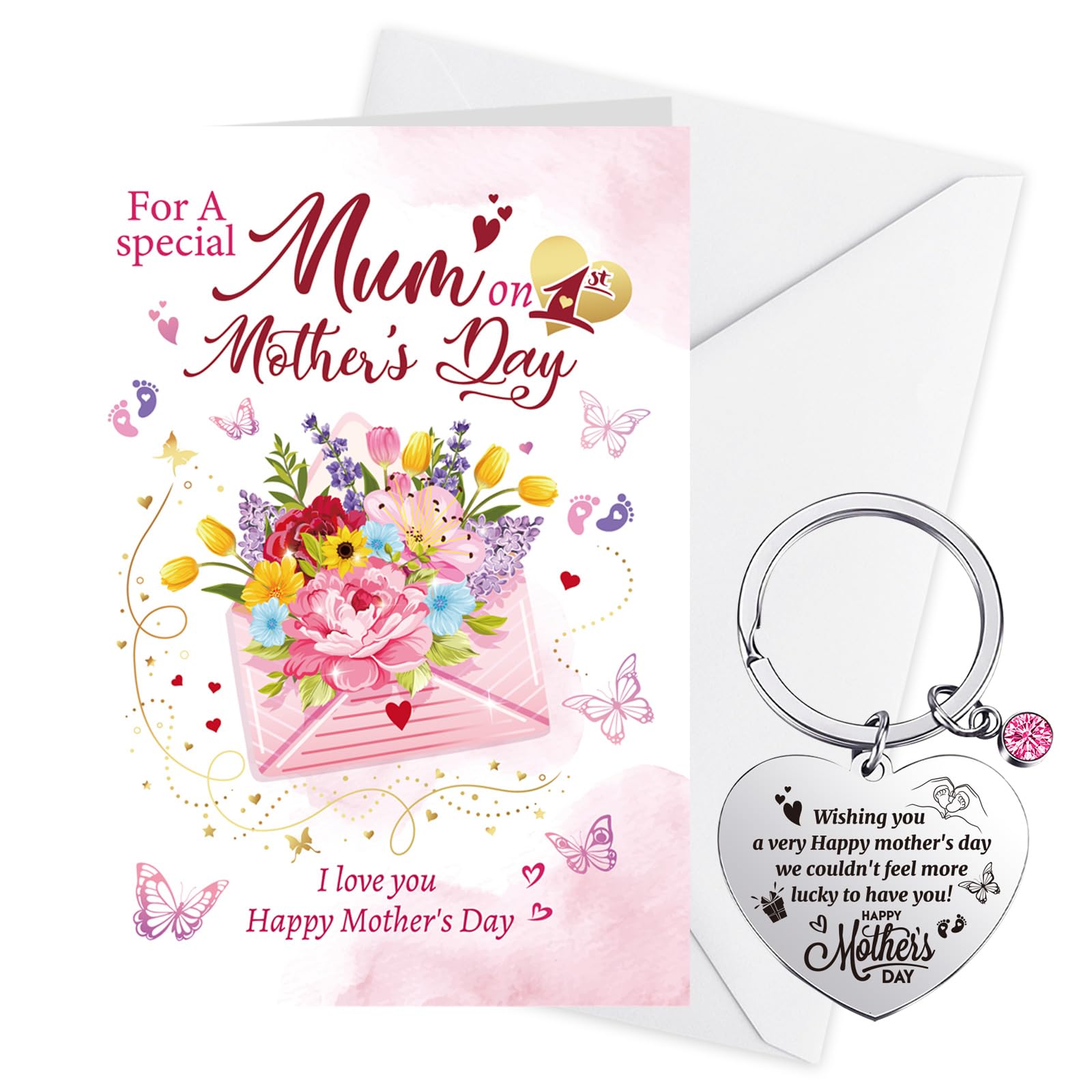 DPKOW Happy First Mothers Day Card for Mum Mummy, 1st Mothers Day Card and Keyring, Mum to Be Gifts First Mother s Day Gifts from Baby for Mummy