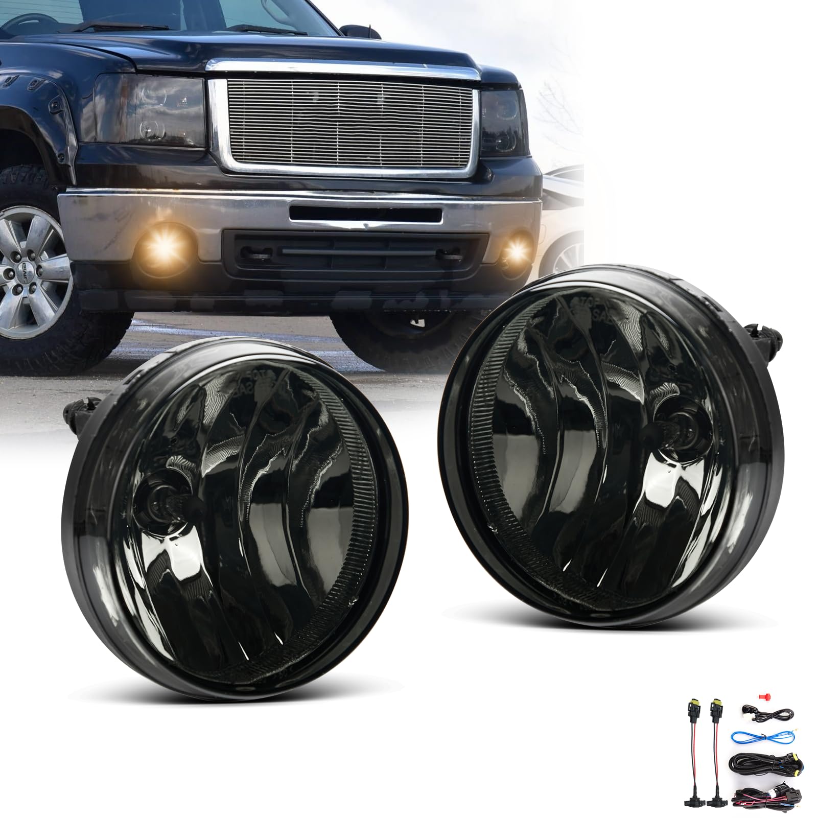 Photo 1 of SPIEGEER Fog Lights Assembly for 2007 2008 2009 2010 2011 2012 2013 GMC Sierra 1500 Replacement Fog Lamp Kit for 2007-2014 Sierra 2500 3500 HD with Switch & Wiring H8 12V 35W Halogen Bulb Smoke Lens