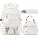 Tecoloy Backpack for Girls, Girls Backpack with Lunch Box and Pencil Case for Teen Kids Elementary Middle High School College Student, Children School Backpack Bookbag with USB Charging Port Beige