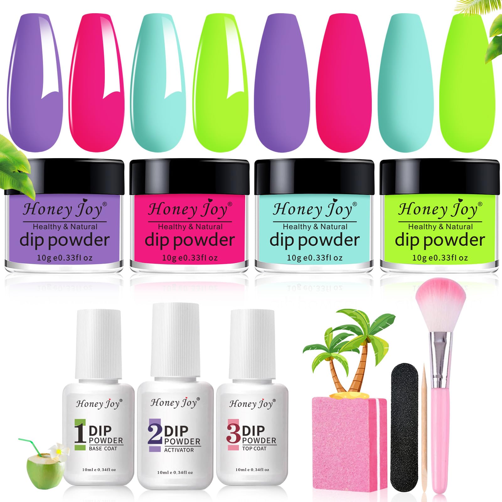 Honey Joy Dip Powder Nail Kit Starter,4 Colors Spring Summer Neon Bright Green Purple Dipping Powder Liquid Set with Base Top Coat for Nail Art Manicure Salon DIY No LED Nail Lamp Needed，Dip-7pcs-02