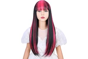 WAVELNM Kids Black Mixed Hot Pink Wig with Bangs, Synthetic Hair, Long Straight with Bangs, Heat Resistant, Cosplay, Dressing