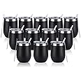 12 Pack Stainless Steel Wine Tumblers, 12Oz Double Wall Vacuum Insulated Wine Tumblers with Lids and Straws, Stainless Steel Stemless Wine Glasses for Coffee, Wine, Cocktails, Champaign, Black