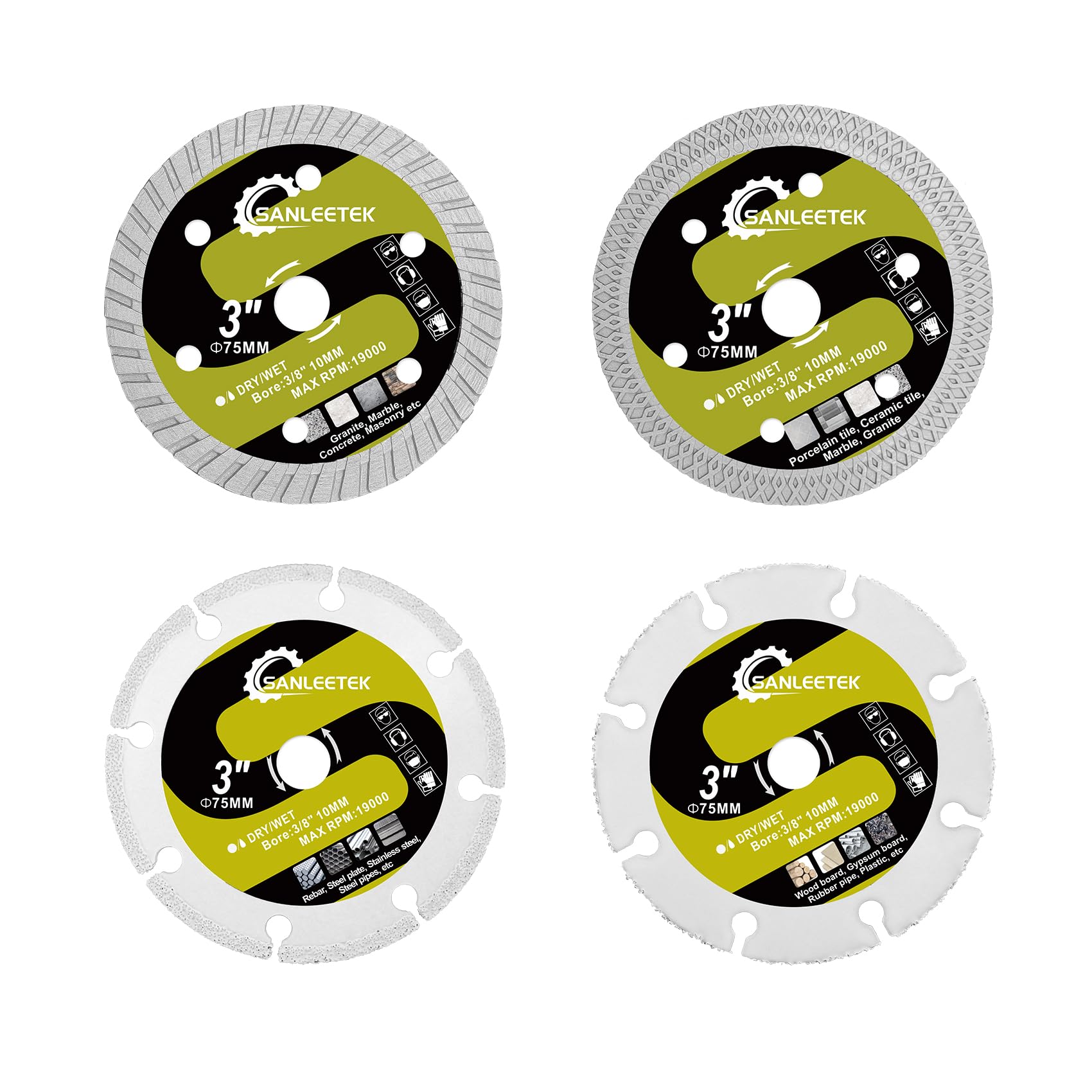 disc SANLEETEK 75mm 4pcs Tile/Wood/Concrete/Steel disc for Porcelain Ceramic Tile Wood Soft Metal Plastic Arbor 10mm Angle Grinder