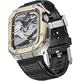 SUPLINK Stainless Steel Case with Silicone Band Compatible with Apple Watch Series 9 8 7 45mm Metal Rugged Protector Cover for iWatch Men (Silver/Gold)