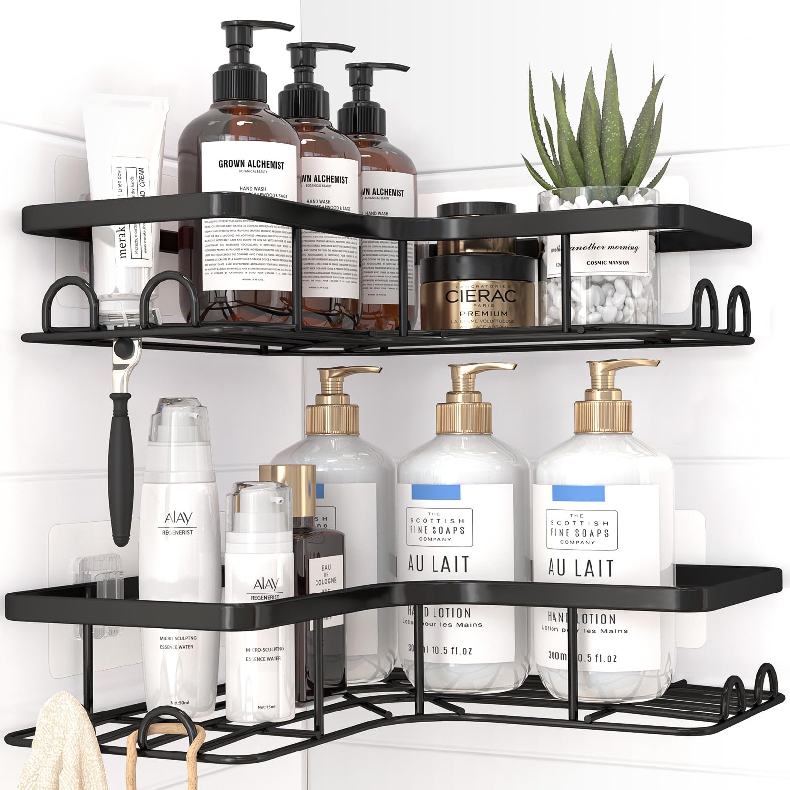 Photo 1 of **MISSING ADHESIVES FOR THE WALL** Sakugi Corner Shower Caddy - 2 Pack, Adhesive Shower Organizers, Rustproof Stainless Steel Shower Shelves with 8 Hooks, No Drilling Bathroom Organizers and Storage Racks, Space-Saving, Black, Large
