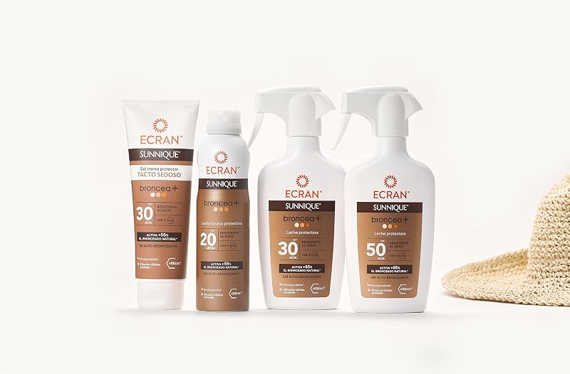 Ecran Sunnique Sunnique Protetor Solar Leite Tanning+ FPS 50 Alto UVB + UVA e IR-A Proteção Spray Ativa Bronzeamento Natural, Sem Autobronzeador, com Tecnologia PureBronze, Resistente à Água - 270 ml