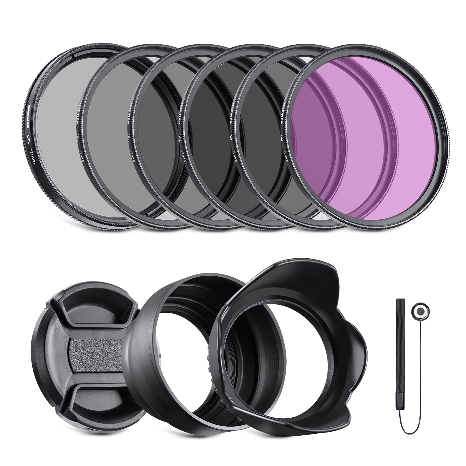 NEEWER 77mm ND Filter Pack and Lens Accessories, ND2 ND4 ND8 UV FLD CPL Filter Kit with Lens Cap