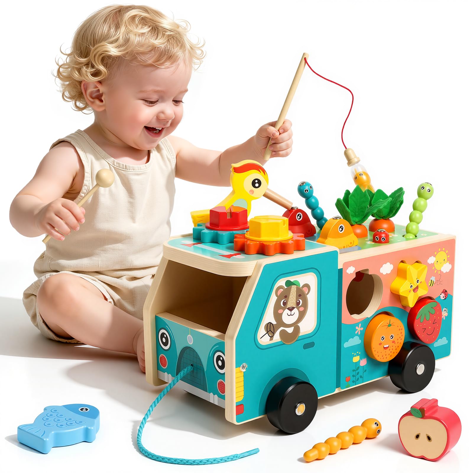 QASUN Montessori Toys for 1 2 3 Year Old Boys Girls Gifts,Wooden Educational Baby Toys for 2-5 Year Olds,(7 In 1) Xylophone & Magnetic Fishing Game for Kids-Christmas Easter Birthday Presents