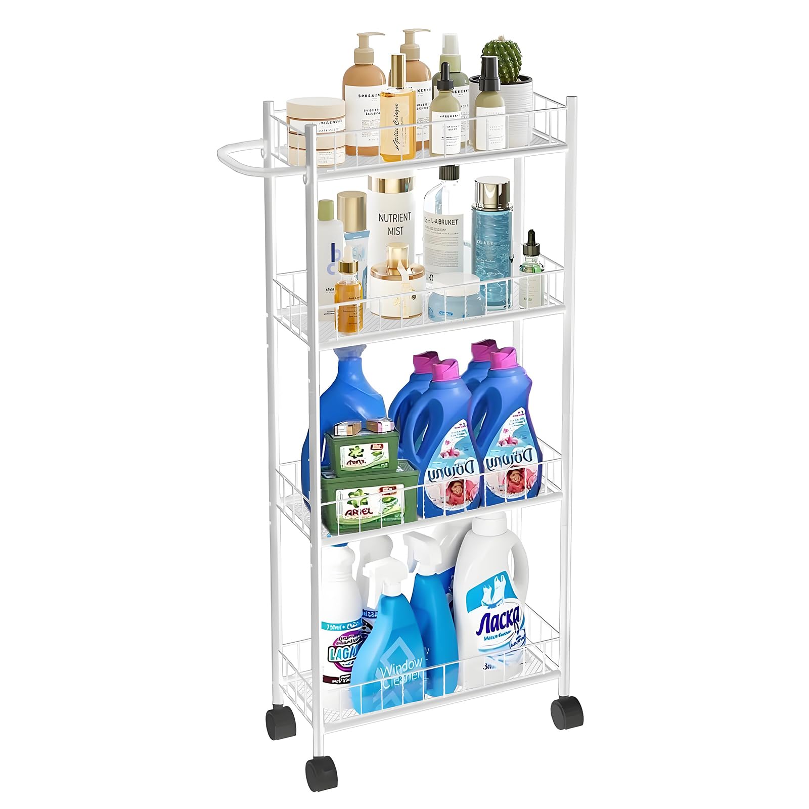 utility slim storage cart, 4-tier storage cart, narrow cart with handle, 7.1 inches deep, metal fram