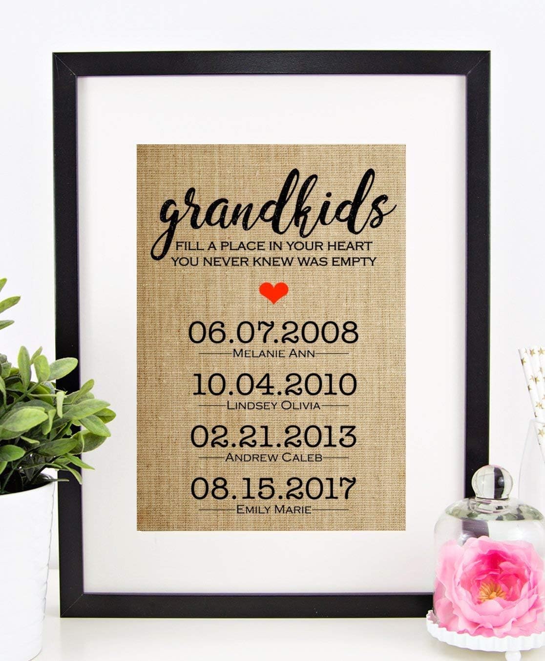 Grandma Gift Personalized Mothers Day Grandmother Grandparents Birthday: "Grandkids Fill a Place in Your Heart You Never Knew Was Empty" (8x10 or 11x14 Burlap Print)