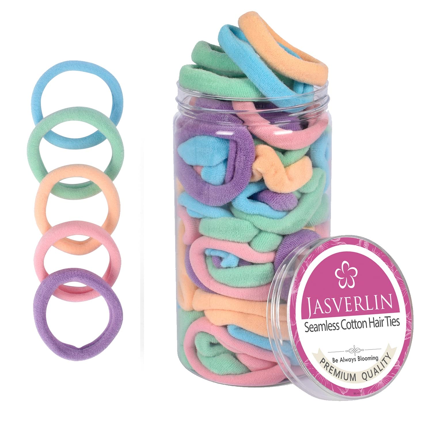 JASVERLIN Soft Hair Ties - Seamless Cotton Elastic Bands for Women Girls, No Damage Ponytail Holders Small Scrunchies for Thick Curly Thin Hair Assorted 1.5 inch 100 Pcs (Baby Color)