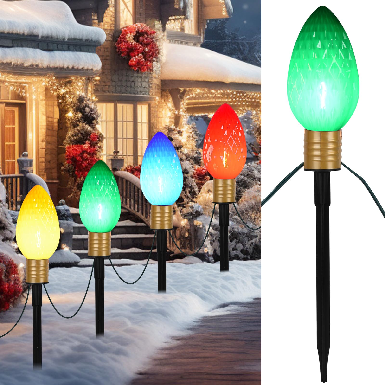Photo 1 of C9 Christmas Pathway Lights Outdoor - 7FT Christmas String Light with 4 Multicolor Diamond Pattern LED Marker Lights, C9 Jumbo Walkway Stake Lights for Garden Lawn Party Decor - 2 Pack