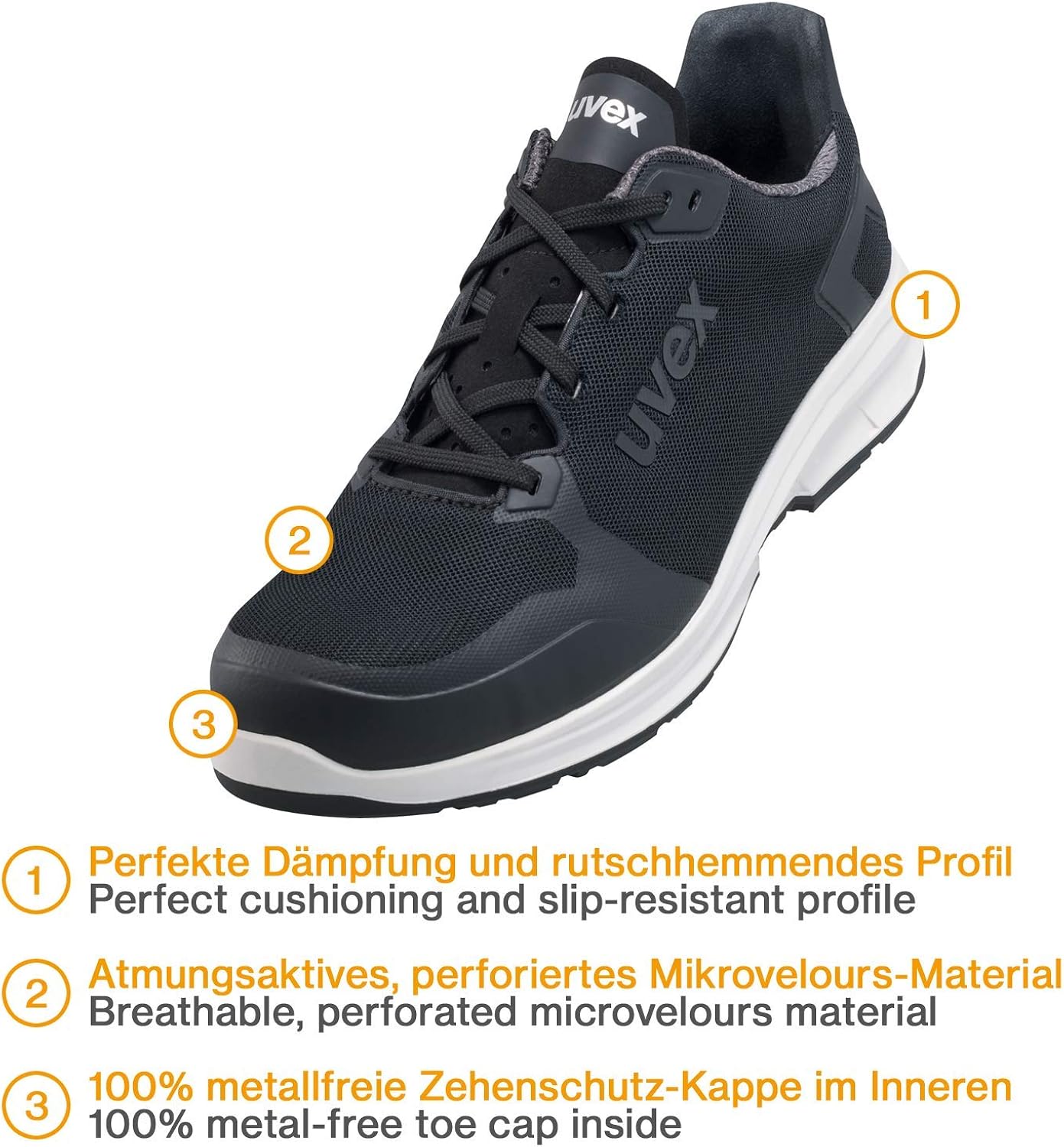 Uvex 1 Sport S1 ESD SRC Safety Trainers - Metal-Free Toe Cap, Slip Resistant, Anti-Static - Work Protection Shoes, 7 (41 EU) Black - Image 3