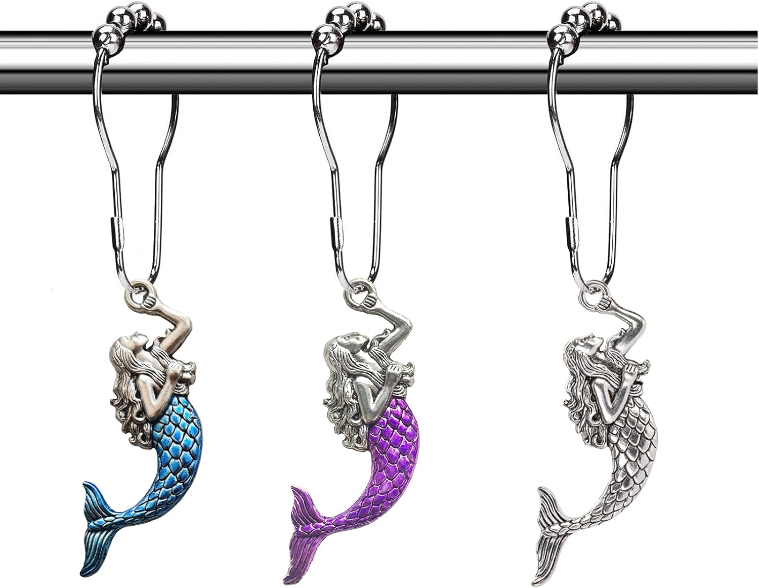 Aimoye Mermaid Shower Curtain Hooks Rings - Silver Curtain Hangers, Decorative Hooks for Bathroom Shower Rods, Bath Room Accessories Set, Sea Beach Theme Bathroom Decor, Set of 12 (Blue-Purple-Silver)