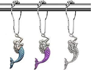 Aimoye Mermaid Shower Curtain Hooks Rings - Silver Curtain Hangers, Decorative Hooks for Bathroom Shower Rods, Bath Room Accessories Set, Sea Beach Theme Bathroom Decor, Set of 12 (Blue-Purple-Silver)