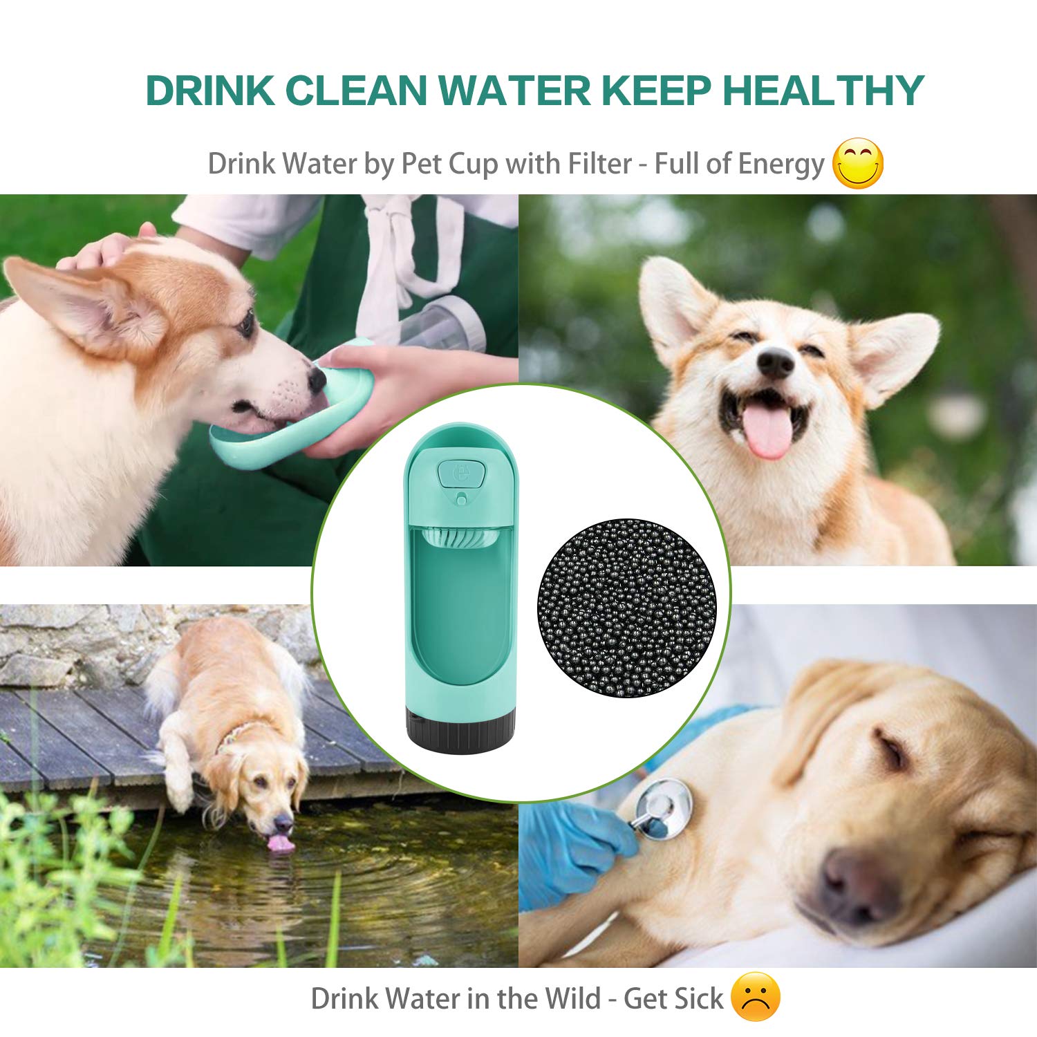 Dog Water Bottle, Leak Proof Drinking Bottle with Activated Carbon Filter, Portable Pet Travel Water Drink Cup Collapsible Water Dispenser Feeder, Safe and Durable for Small Cat Large Dog Outdoor