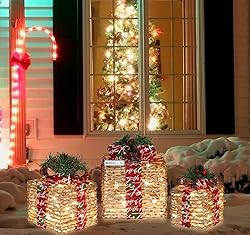 LAMPHOME 70 LED Christmas Set of 3 Lighted Rattan