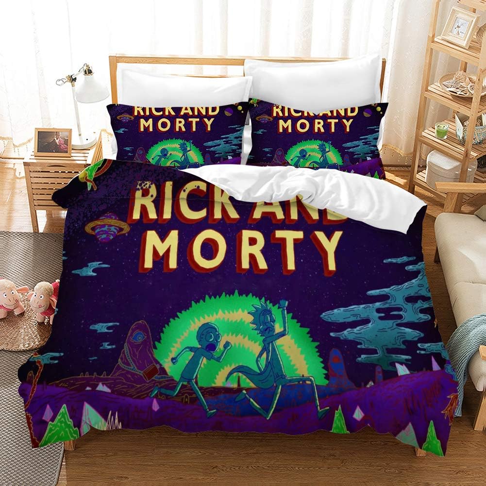 Lisabridal Rick Morty Bedding Super Soft Set Suitable for Children 3 Piece Cartoon Print Girl Boy Bedroom Quilt Cover Zipper 3 Piece 1 Duvet Cover+2 Pillow Shams,Queen/Twin/Full/King, No Comforter