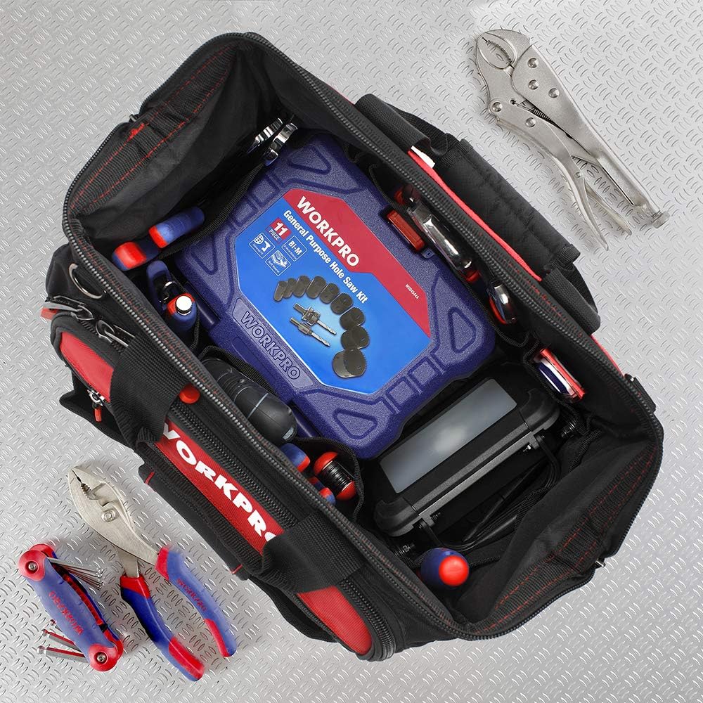 WORKPRO 16" Top Wide Mouth Tool Bag with Water Proof Rubber Base, Multi-Compartment, 46 Pockets, For Tool Organizer & Storage, W081122A - - 