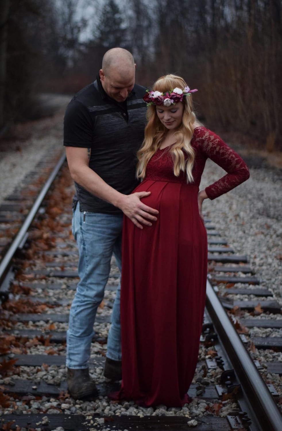 Molliya Maternity Long Dress Lace Sleeve Off Shoulder Maxi Gown Stretchy Baby Shower Photography Dress at  Women’s Clothing store
