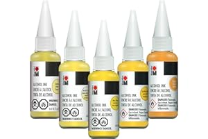 Marabu Yellow Alcohol Ink Set - 5 Colors, Sunshine, Metallic, Sahara, Lemon, Neon - 0.68 Ounce Inks for Epoxy Resin, Tumblers, Paper