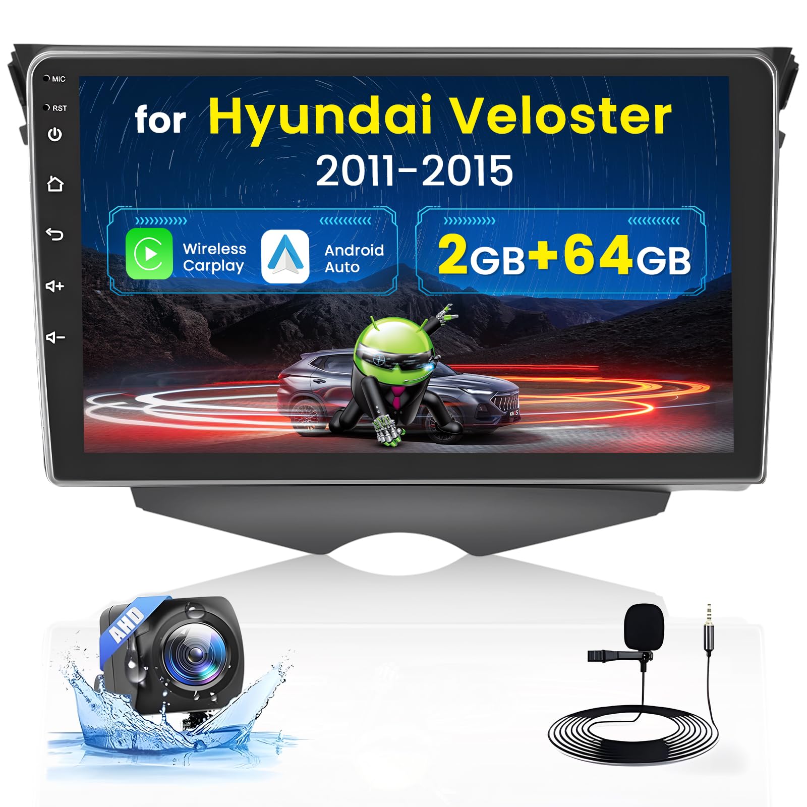Photo 1 of 2+64GB Android Car Stereo for Hyundai Veloster 2011-2015 Wireless Carplay Android Auto, 9 Inch Touchscreen Car Radio GPS Navi WiFi Bluetooth Backup Camera FM RDS Radio EQ SWC