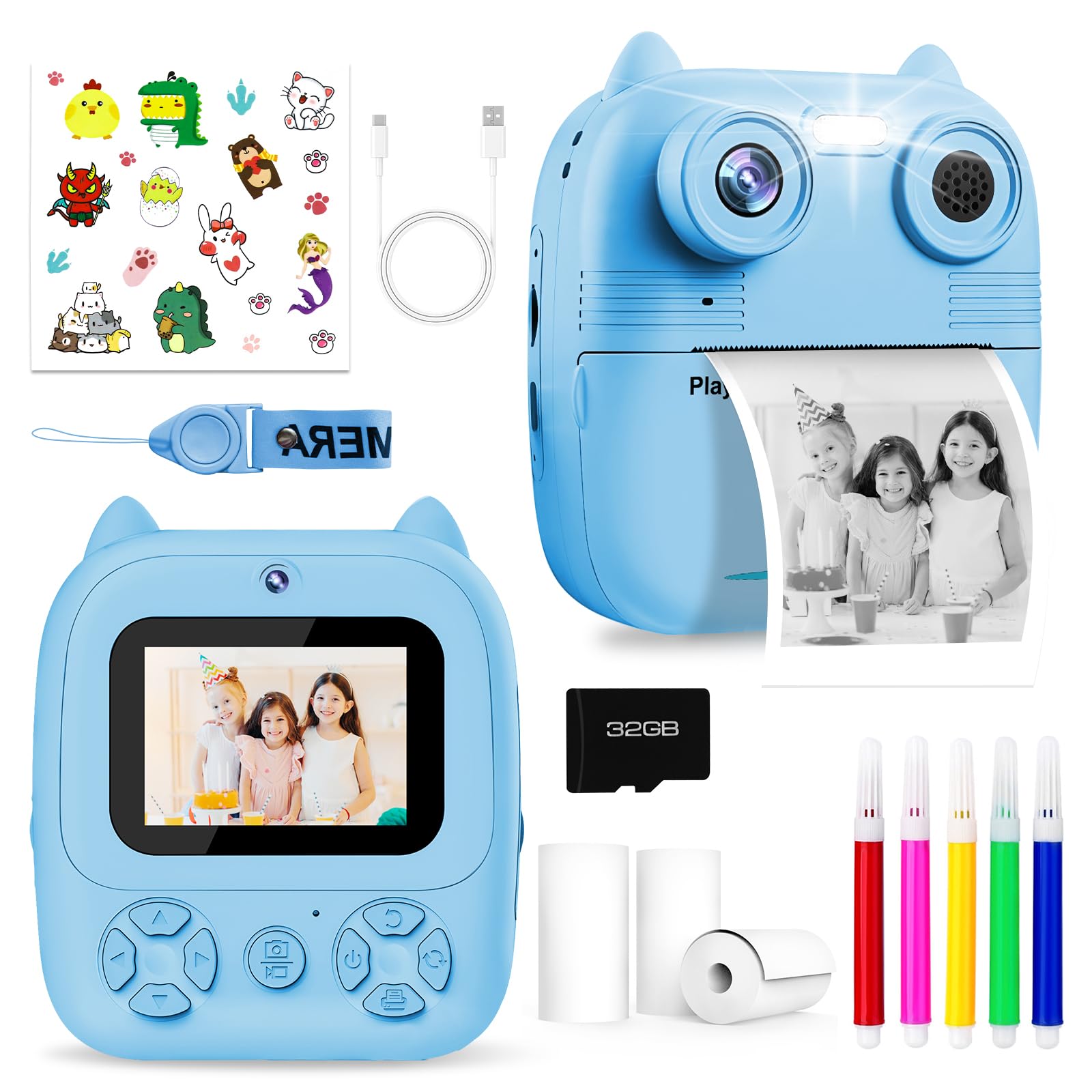 Terawetre Kids Camera Instant Print, Kids Camera for Girls Boys, 1080P HD Kids Digital Camera with 32GB SD Card for 3 4 5 6 7 8 9 Year Old Girl