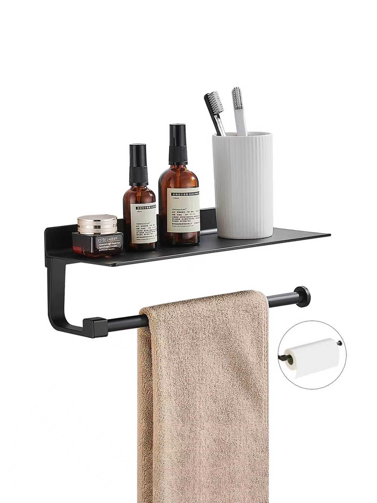 Hand Towel Holder for Bathroom -Paper Towel Holder Wall Mount - for Bathroom Black Paper Towel Holder with Shelf -Kitchen Towel Holder Black
