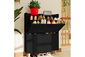 JOKOLO Shoe Cabinet Storage,Farmhouse Freestanding Organizer with 2 Flip Drawers and 4 Wooden feet,Narrow Shoe Rack Cabinet for Entryway,Black