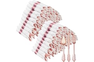 Bestluck 100 Pack Rose Gold Plastic Silverware with Pre Rolled Napkins for 100 Guests, Heavyweight Rose Gold Disposable Utensils Sets Includes 300 Plastic Cutlery, and 100 Napkins for Party & Wedding