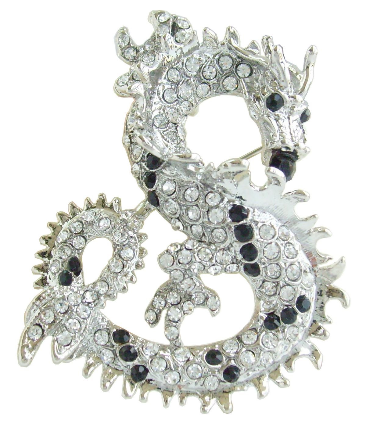 Sindary 2.36" Austrian Crystal Unique Animal Dragon Brooch Pin Pendant UKB2980 (Silver-Tone Black Clear)