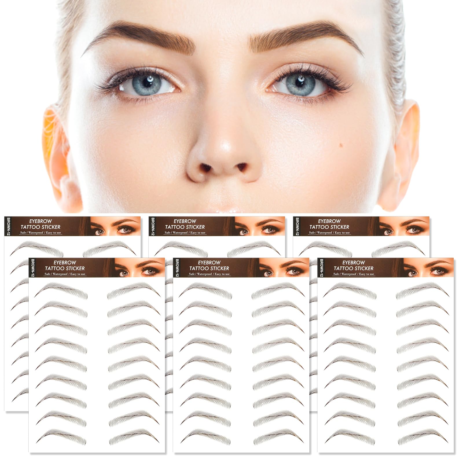 MWOOT 6 Sheets Hair-Like Eyebrow Tattoos, 4D Natural Fake Brow Transfers, Waterproof Temporary Brow Grooming Shaping Stickers for Women and Girls (Brown-12)