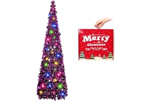MACTING Christmas Pop Up Tree with 50 LED Lights 5FT Purple Collapsible Easy-Assembly Lighted Coastal Glitter Tinsel Tree for Porch Apartment Corner Home Party Christmas Mothers Day Decorations