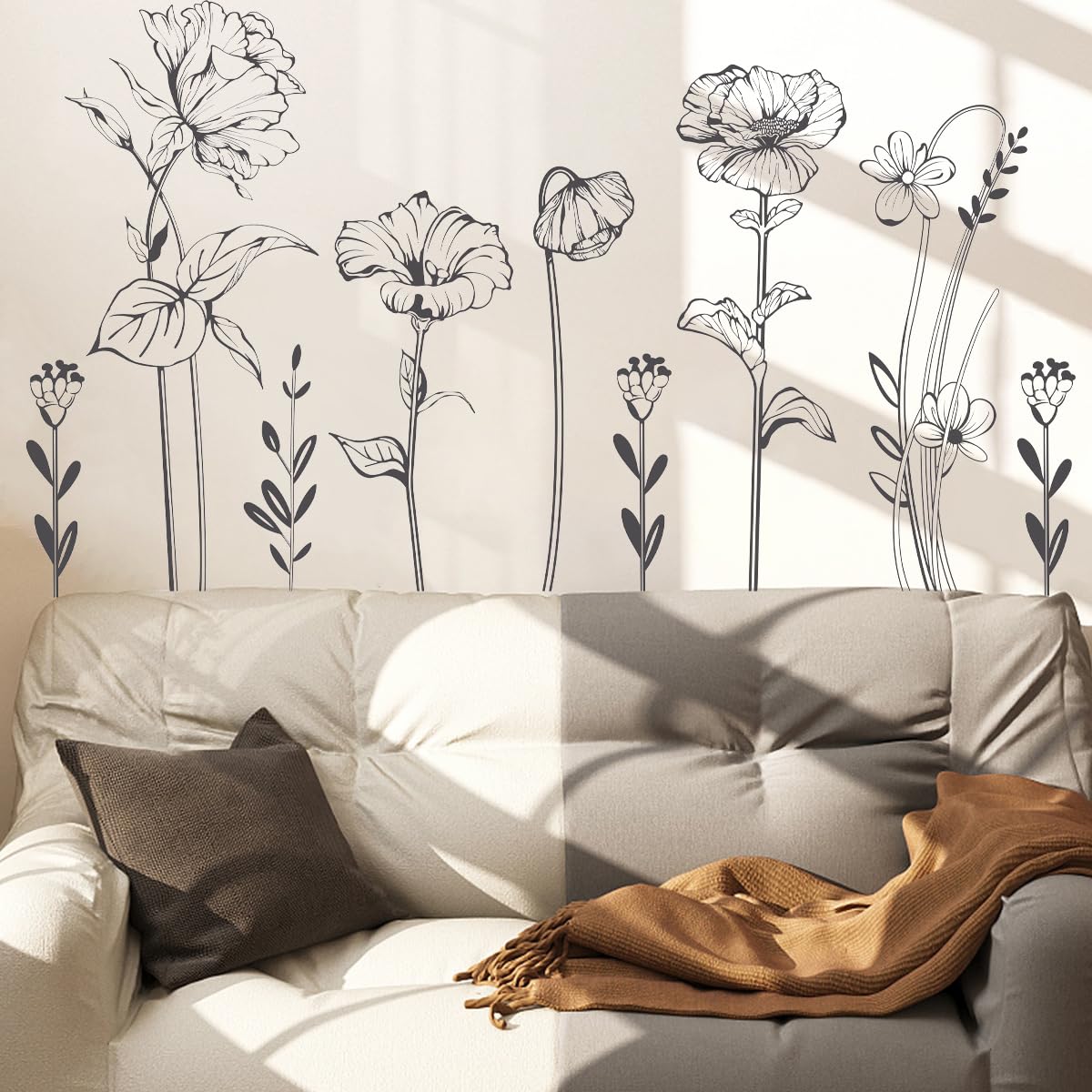 Runtoo Wall Tattoo Flowers Boho Black Wall Sticker Simple Flowers Plants Wall Sticker Bedroom Living Room Baby Room Children's Room Wall Decoration