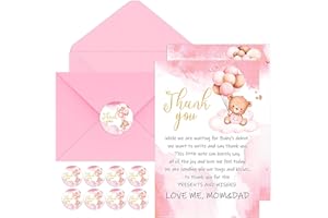 BYBOUS 50 Pack Baby Shower Thank You Cards with Envelopes Stickers - Cute Bear Baby Shower Cards - Baby Girl/Baby Boy Shower 