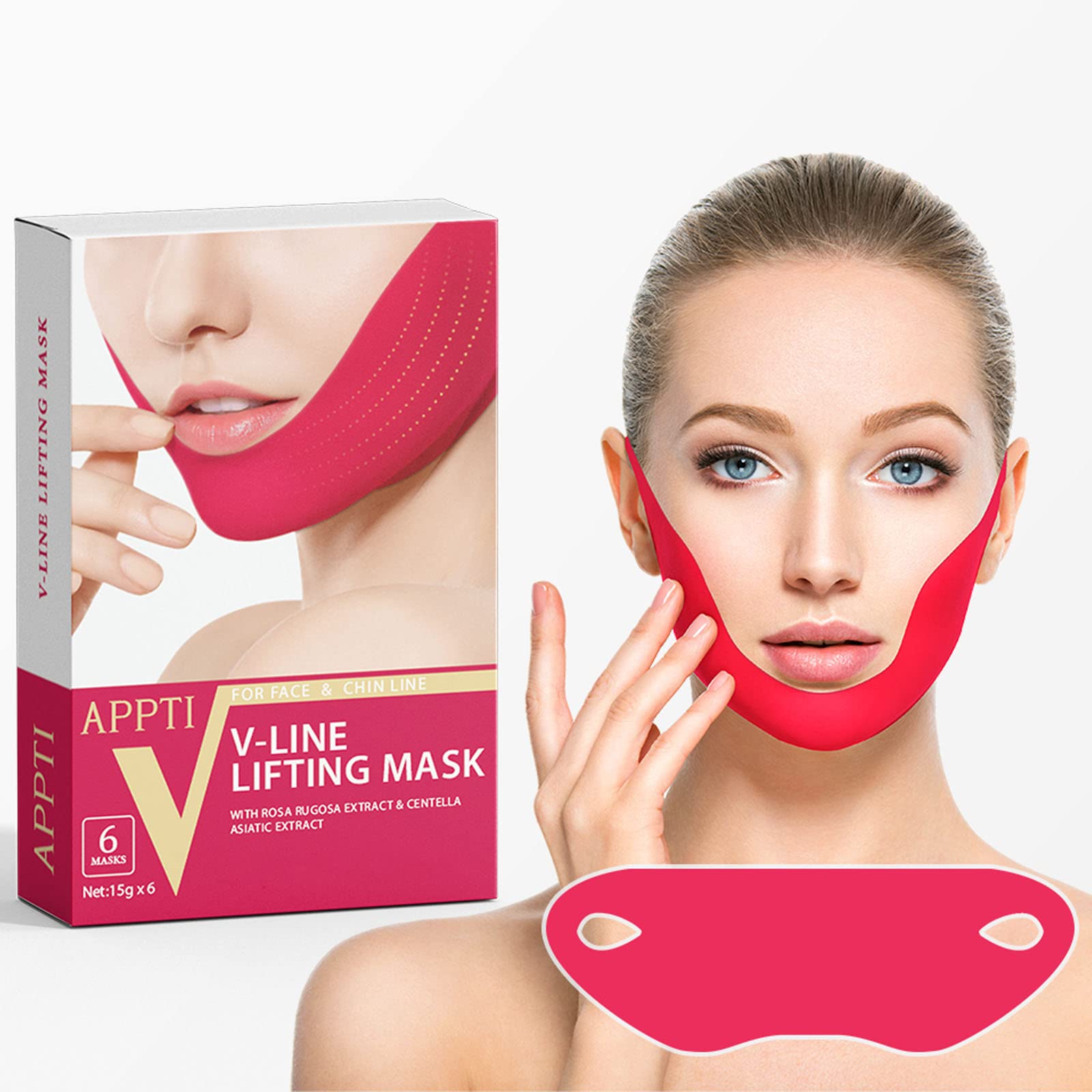 APPTI V Shape Face Mask, Double V Line Lifting Mask for Women Men, Moisturizing Firming Facial Mask Red 6 Pieces
