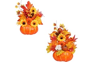 Algado 2 Pcs Artificial Pumpkins Fall Decor,Mini Fake Pumpkins Thanksgiving Decoration,Autumn Pumpkins Maple Leaf Sunflower for Home Table Decorations