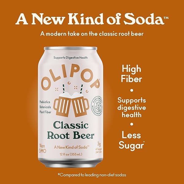 OLIPOP PREBIOTIC SODA POP, CLASSIC ROOT BEER, PANTRY PACK PACKED WITH PREBIOTICS, FIBER, AND BOTANICALS, GLUTEN FREE, GMO FREE, 12OZ (12-CANS)