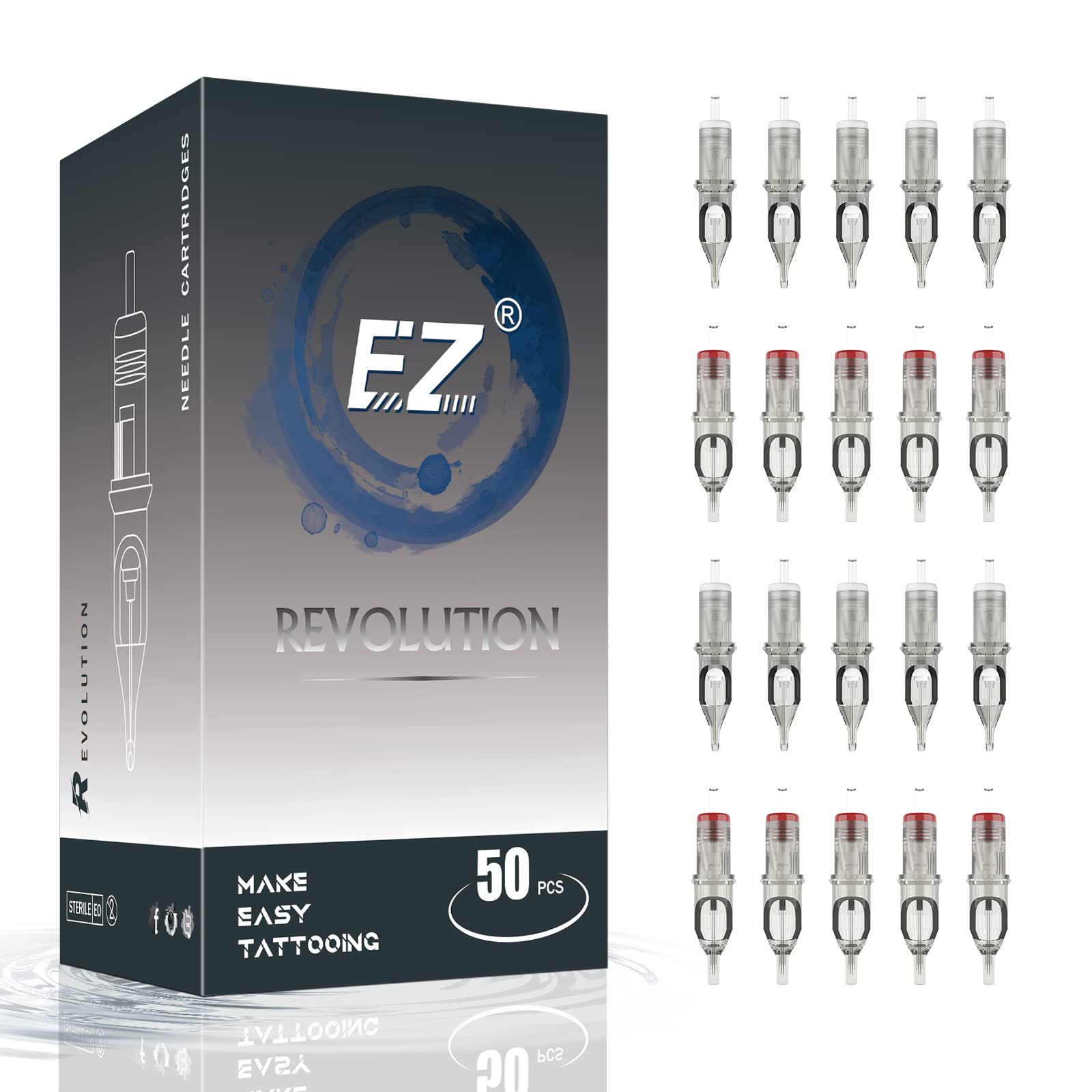 EZ Tattoo Cartridge Needles Assorted - 50Pcs #10 Mixed (3RL 5RL 7RL 7RM 9RM) Bugpin Round Liner/Magnum Tattoo Needle Cartridges for Tattooing Rotary Tattoo Pen Machine Supply