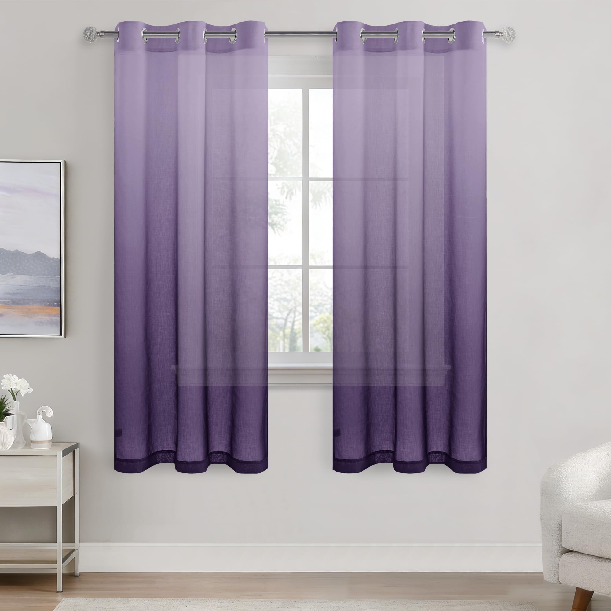 DWCN Voile Curtain Purple Gradient Curtains for Living Room Eyelet Net Curtains for Windows Sheer Curtains for Bedroom Set of 2, 46 x 72 Inches