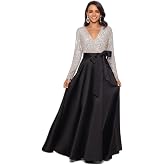 Xscape Women's Long Sleeve Sequin Bodice V-Neck Satin Ball Gown with Bow Waist