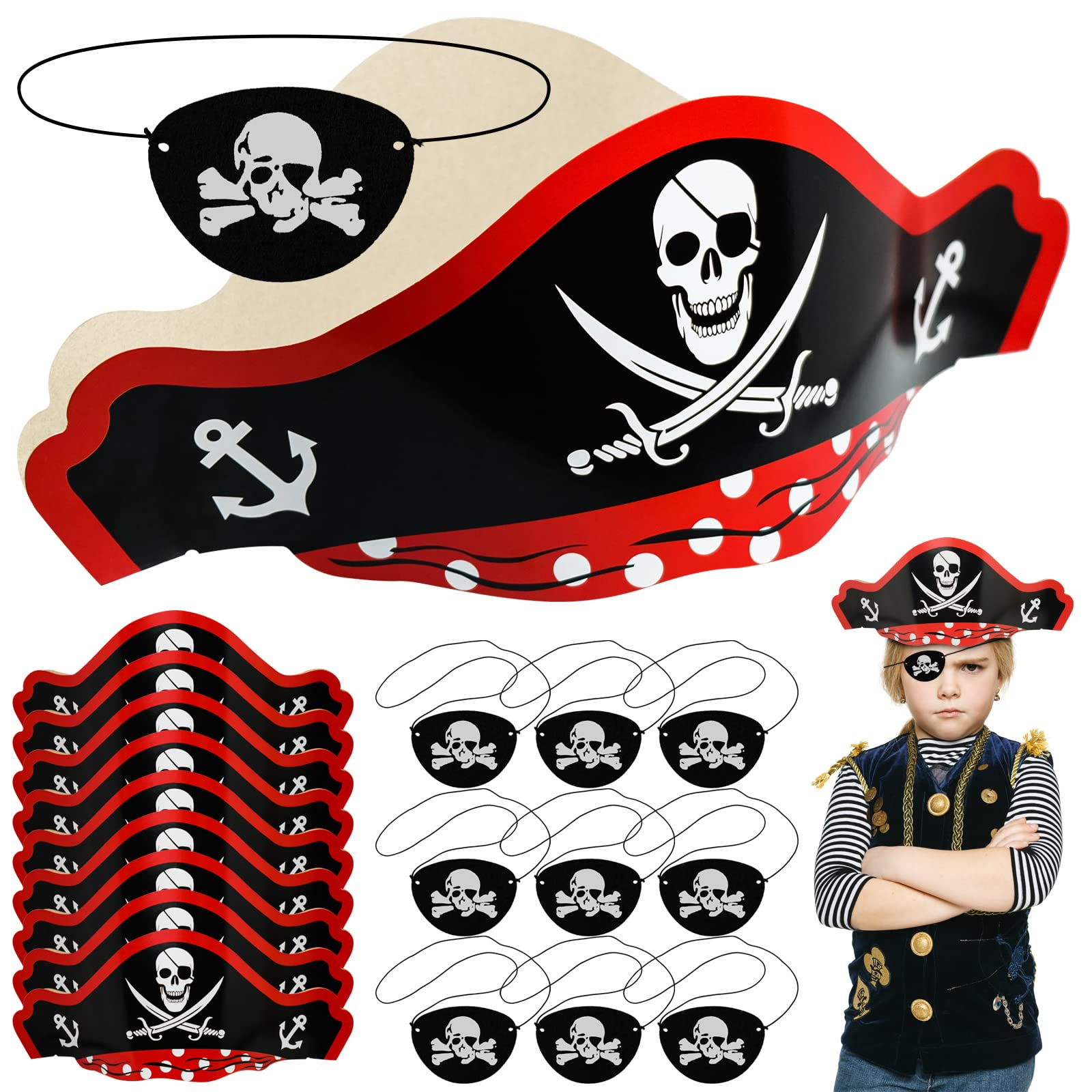 FORYNXHWIN Pirate Costume Accessories Set - 20Pcs Skull Print Pirate Hats & Eye Patch, Pirates of the Caribbean Party Dress Up for Halloween, Christmas, Easter & Pirate Themed Parties